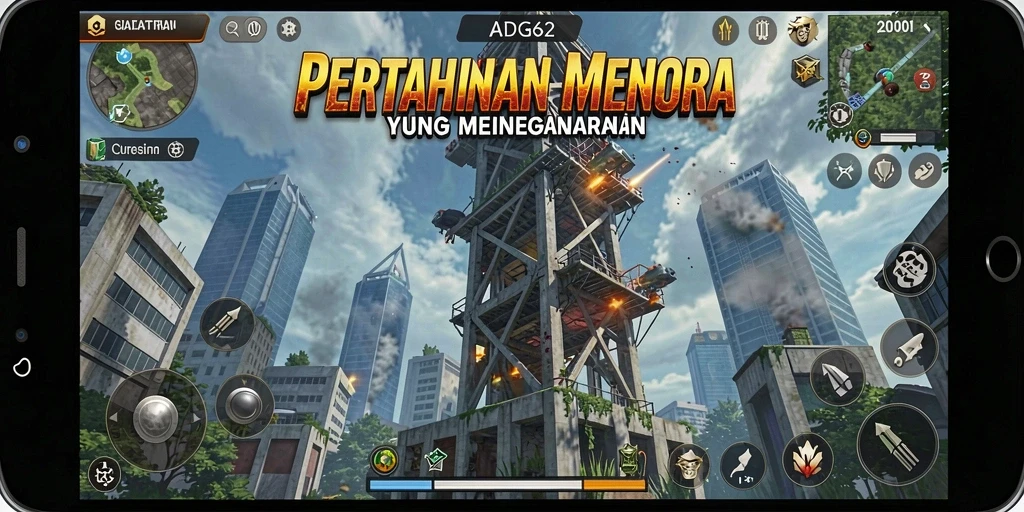 Tampilan gameplay ADG62 yang penuh aksi dalam pertahanan menara.
