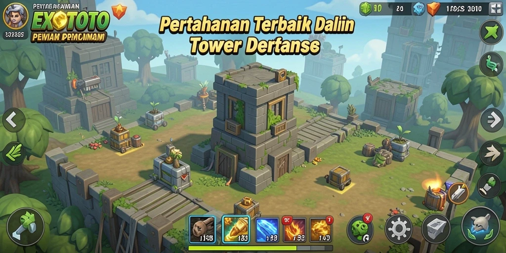 Screenshot gameplay EXOTOTO yang menampilkan serangan tower yang strategis.