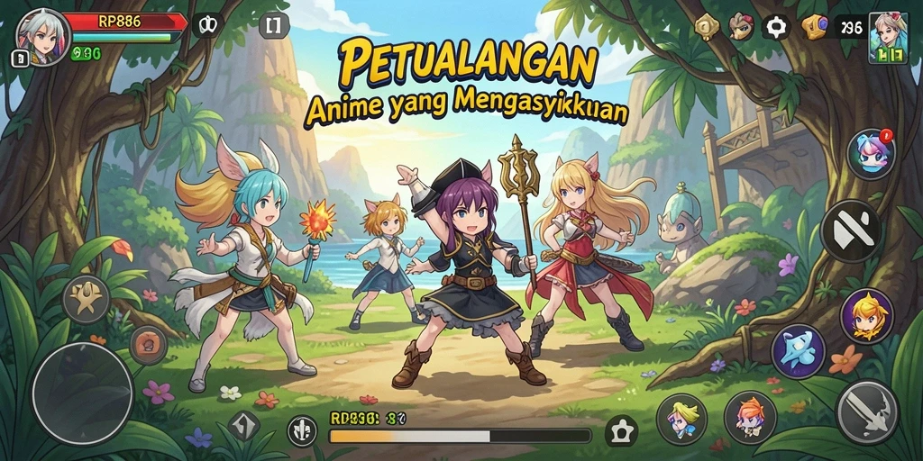 Tampilan gameplay dinamis dalam RP886 dengan karakter anime yang hidup.