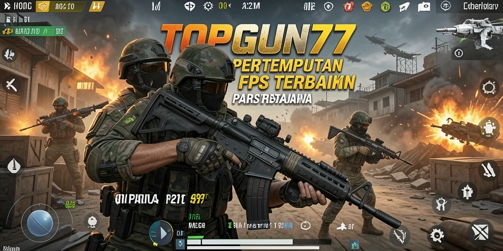 Tangkapan layar menunjukkan aksi tembak-menembak intens di TOPGUN77.