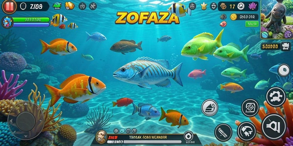Tampilan gameplay ZOFAZA yang menampilkan aksi menembak ikan.